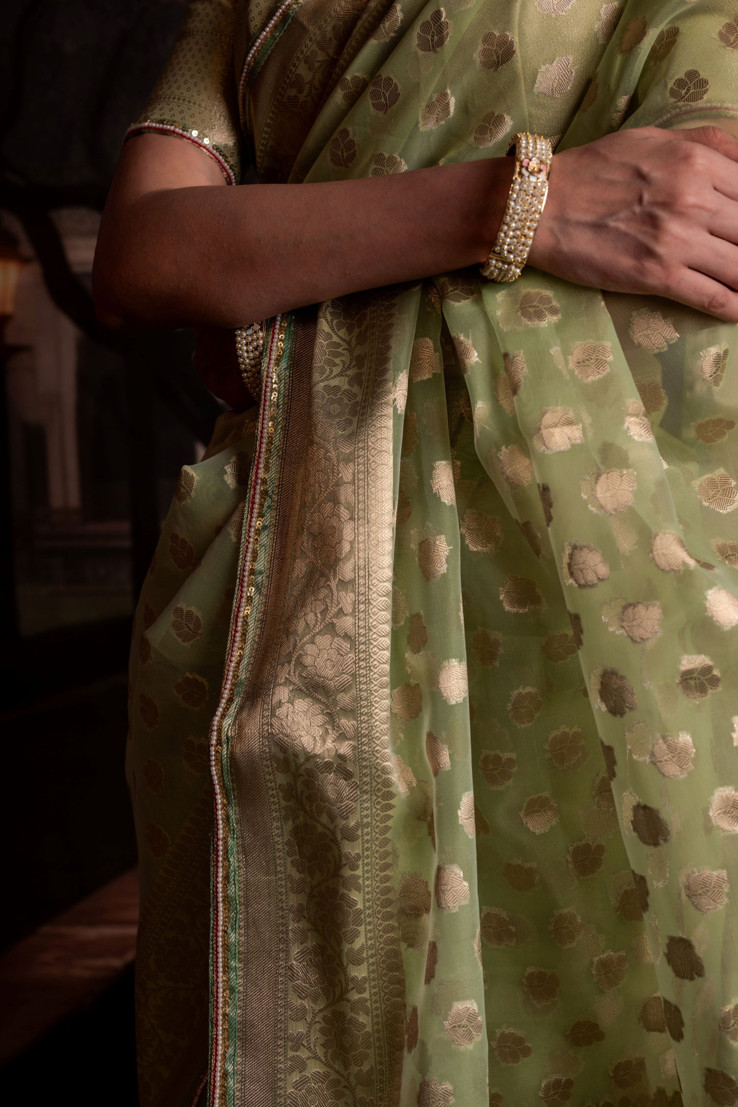 Sage Green Organza Saree with Gold Brocade Blouse