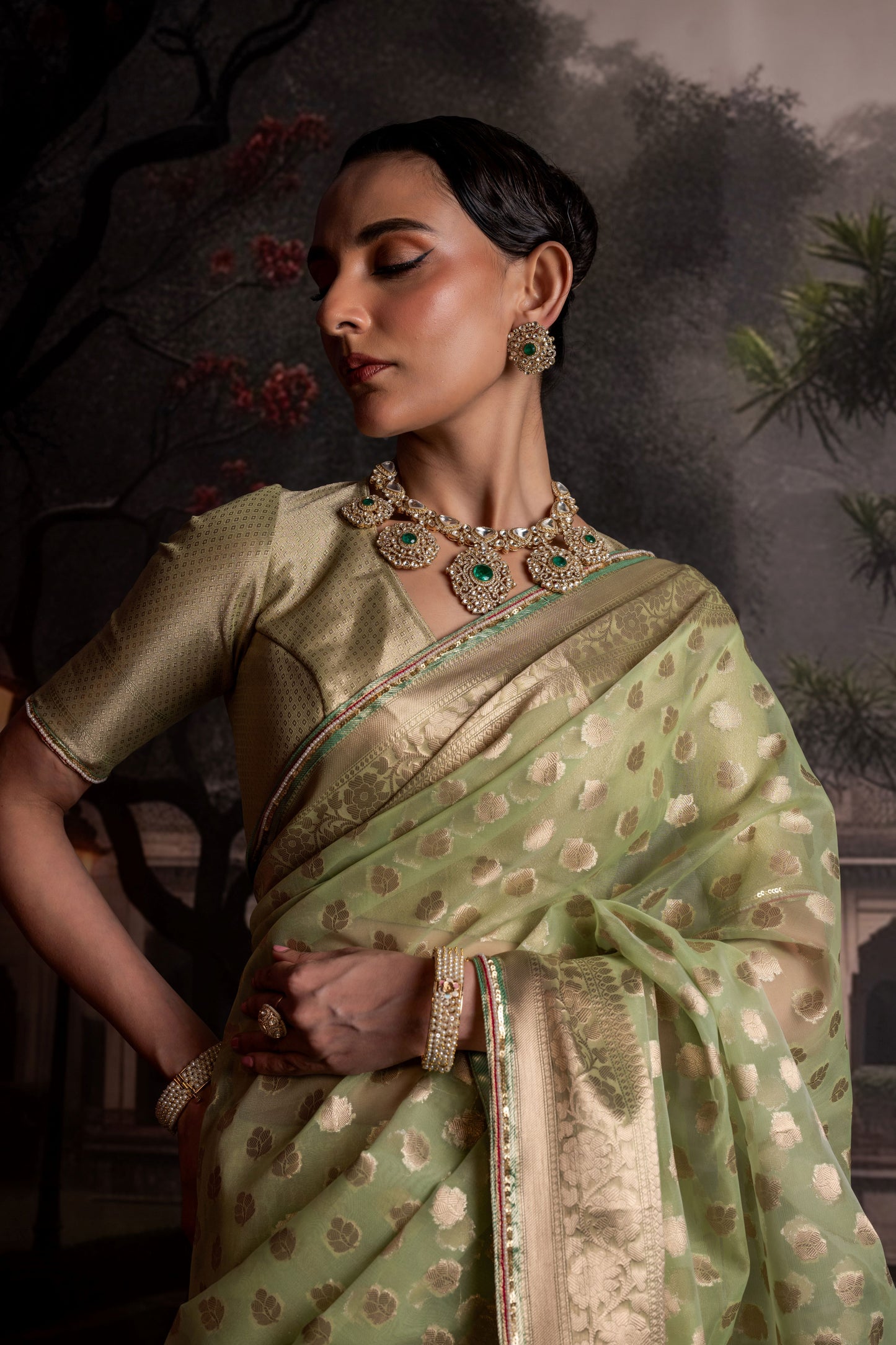 Sage Green Organza Saree with Gold Brocade Blouse