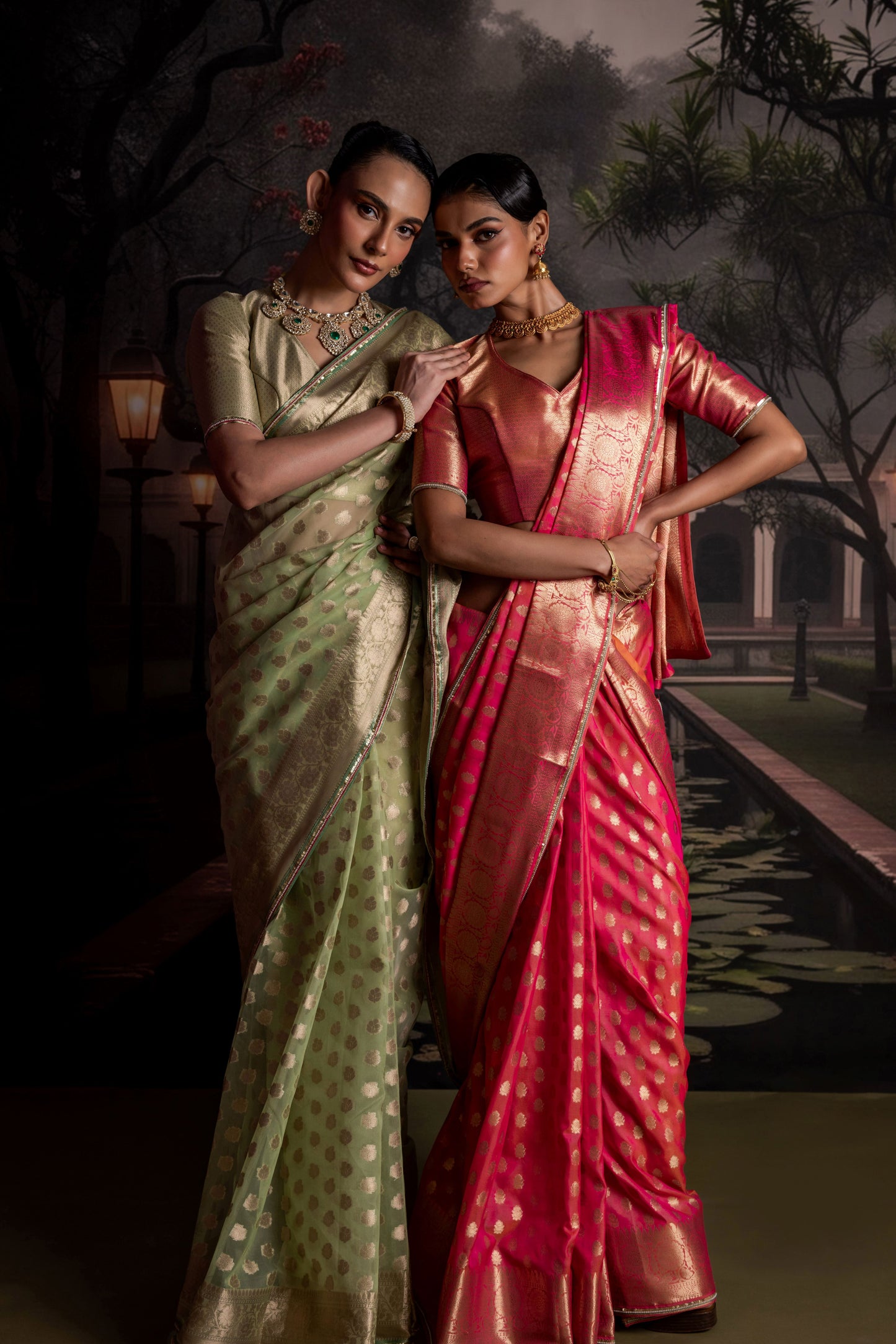 Sage Green Organza Saree with Gold Brocade Blouse