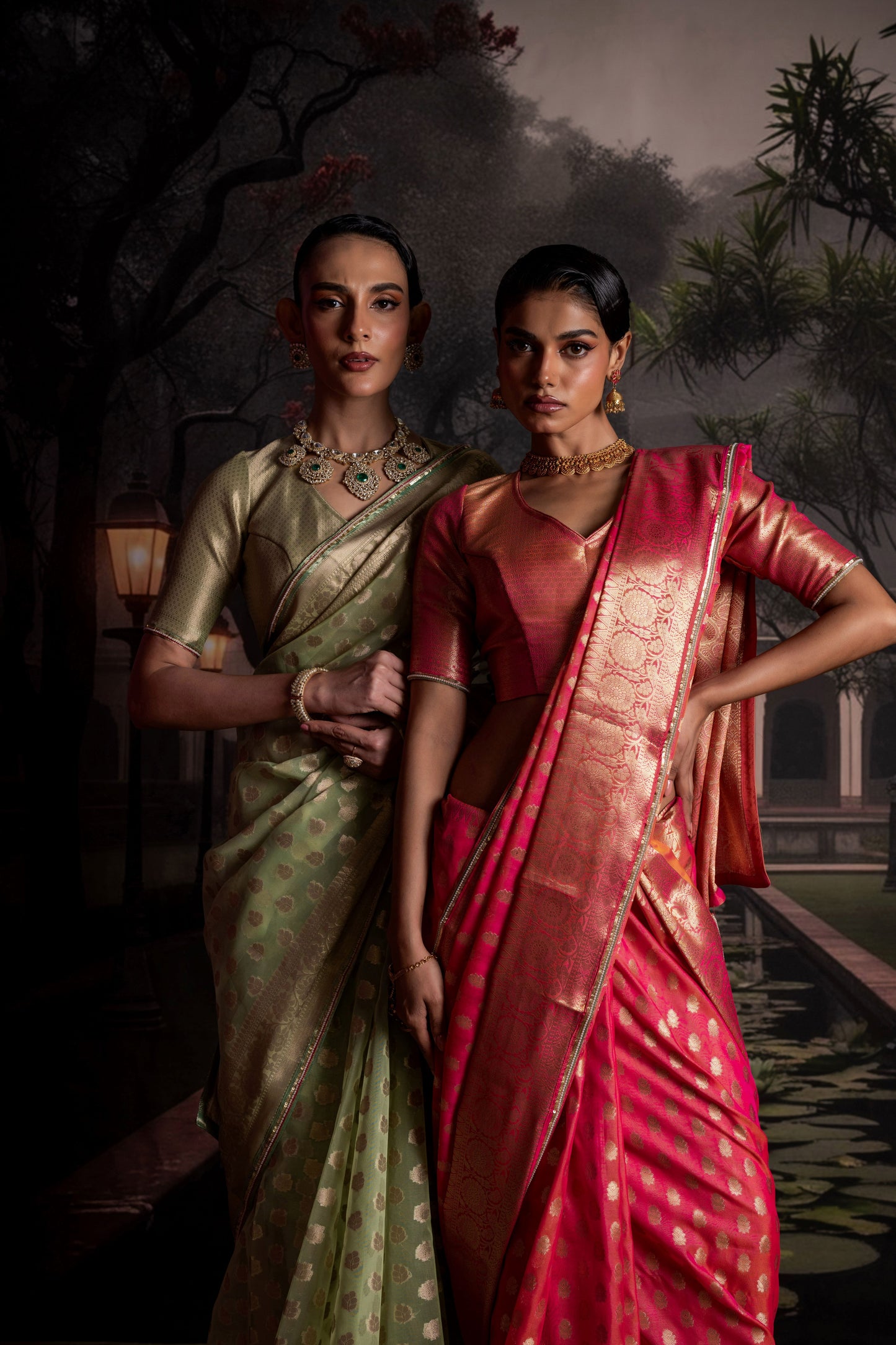 Rani Pink Organza Silk Saree with Antique Zari