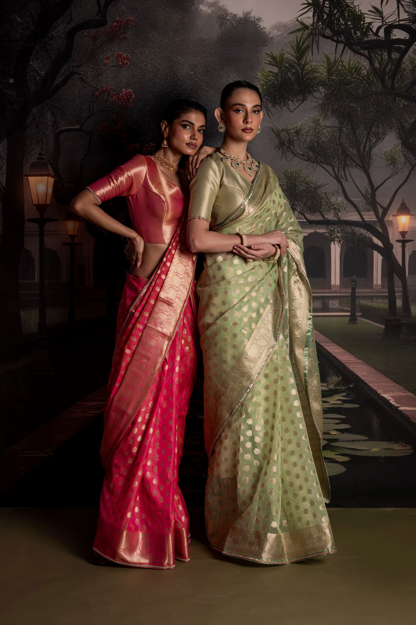 Rani Pink Organza Silk Saree with Antique Zari