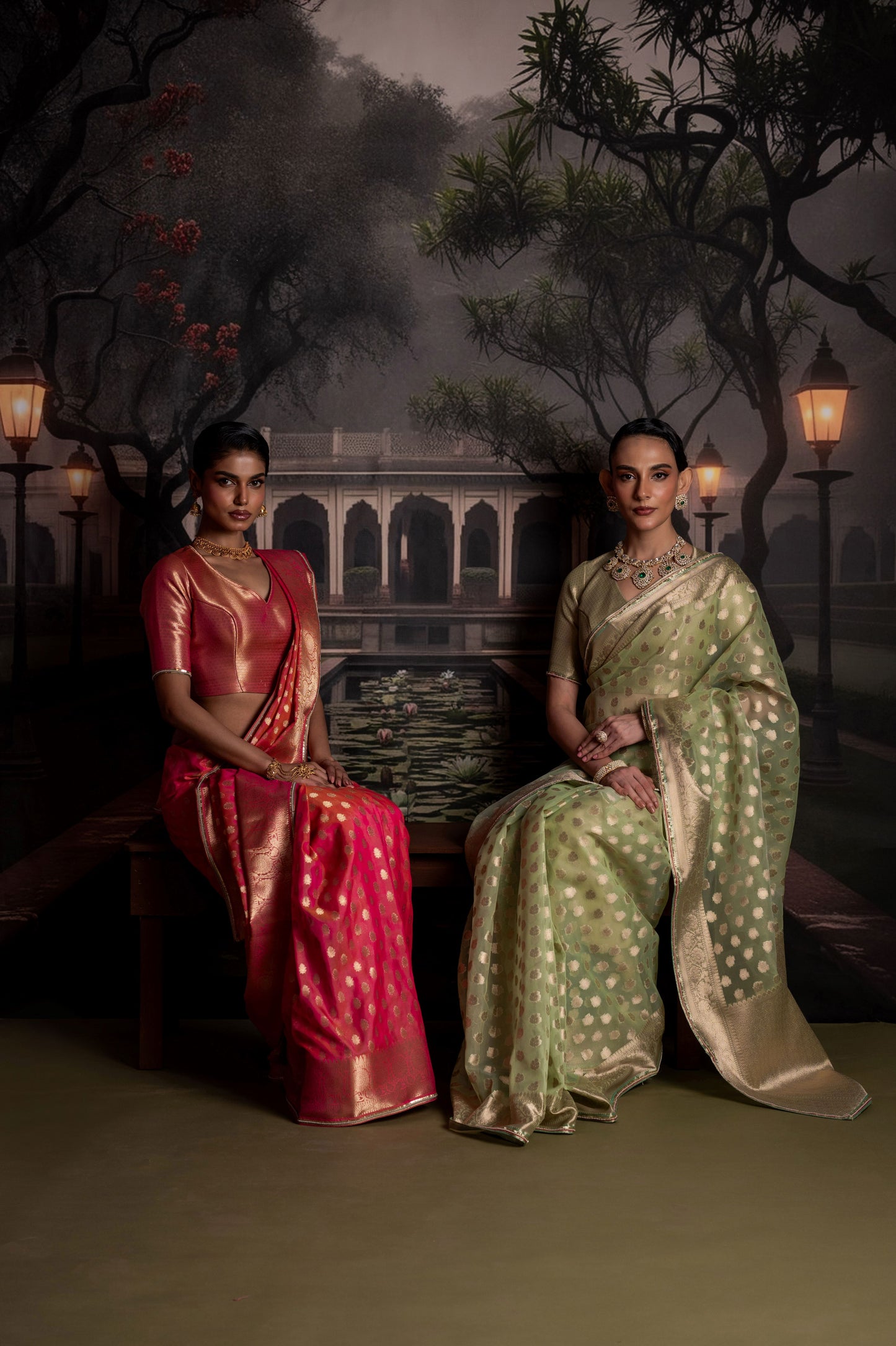 Sage Green Organza Saree with Gold Brocade Blouse