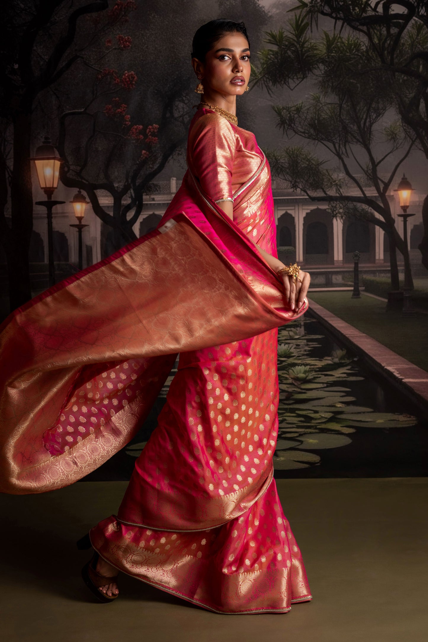 Rani Pink Organza Silk Saree with Antique Zari