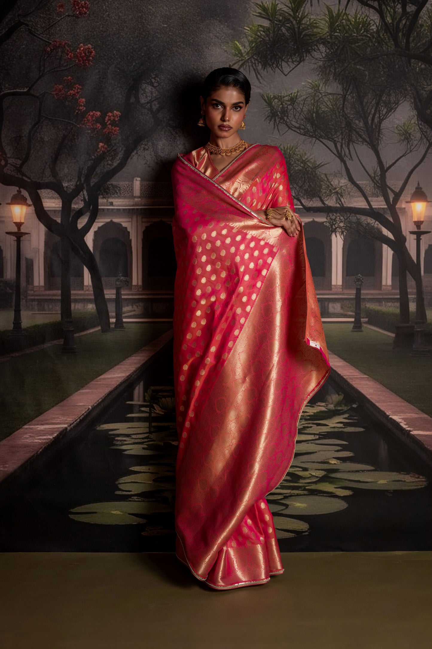 Rani Pink Organza Silk Saree with Antique Zari
