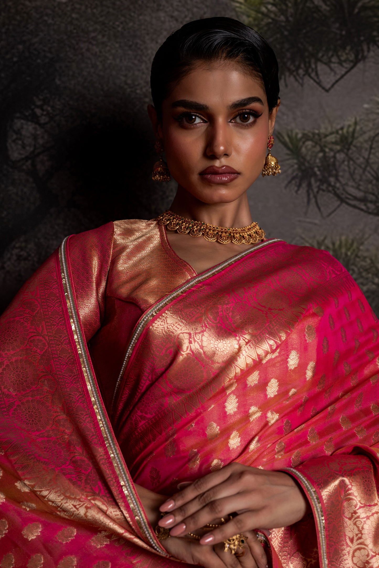 Rani Pink Organza Silk Saree with Antique Zari