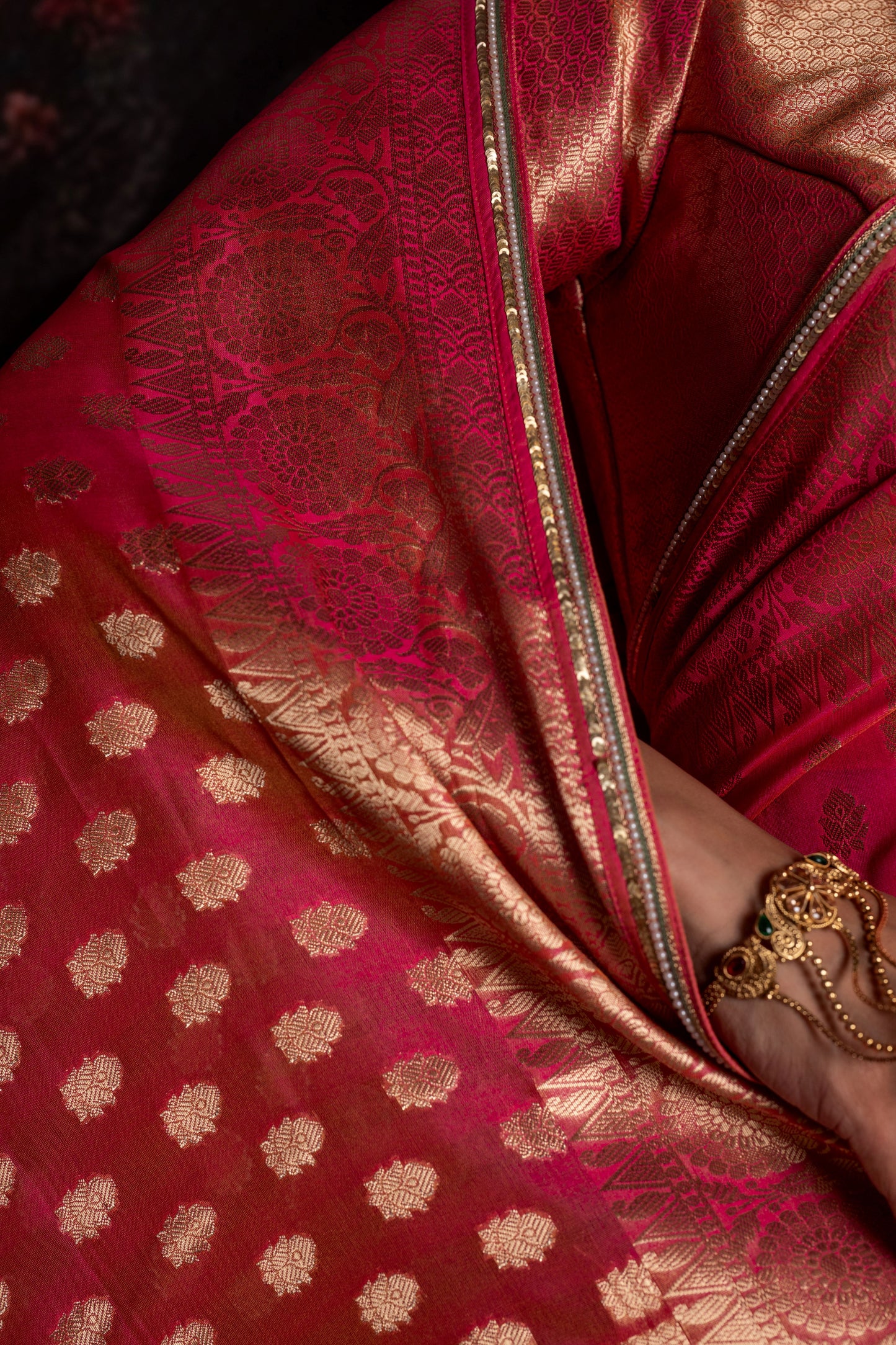 Rani Pink Organza Silk Saree with Antique Zari