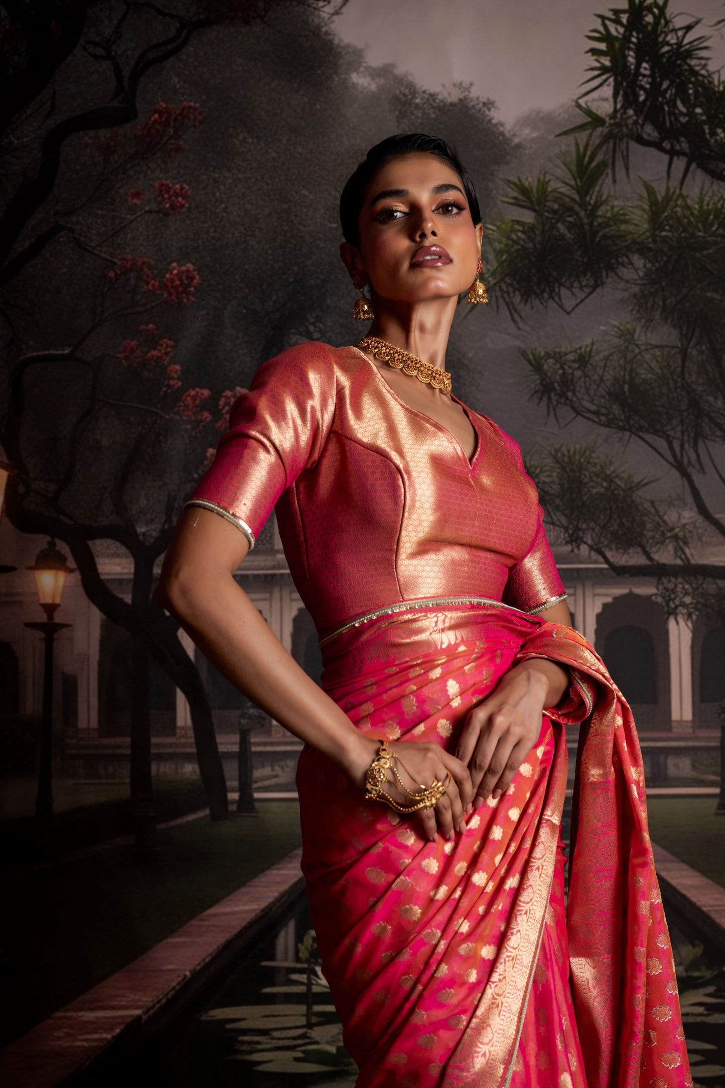Rani Pink Organza Silk Saree with Antique Zari