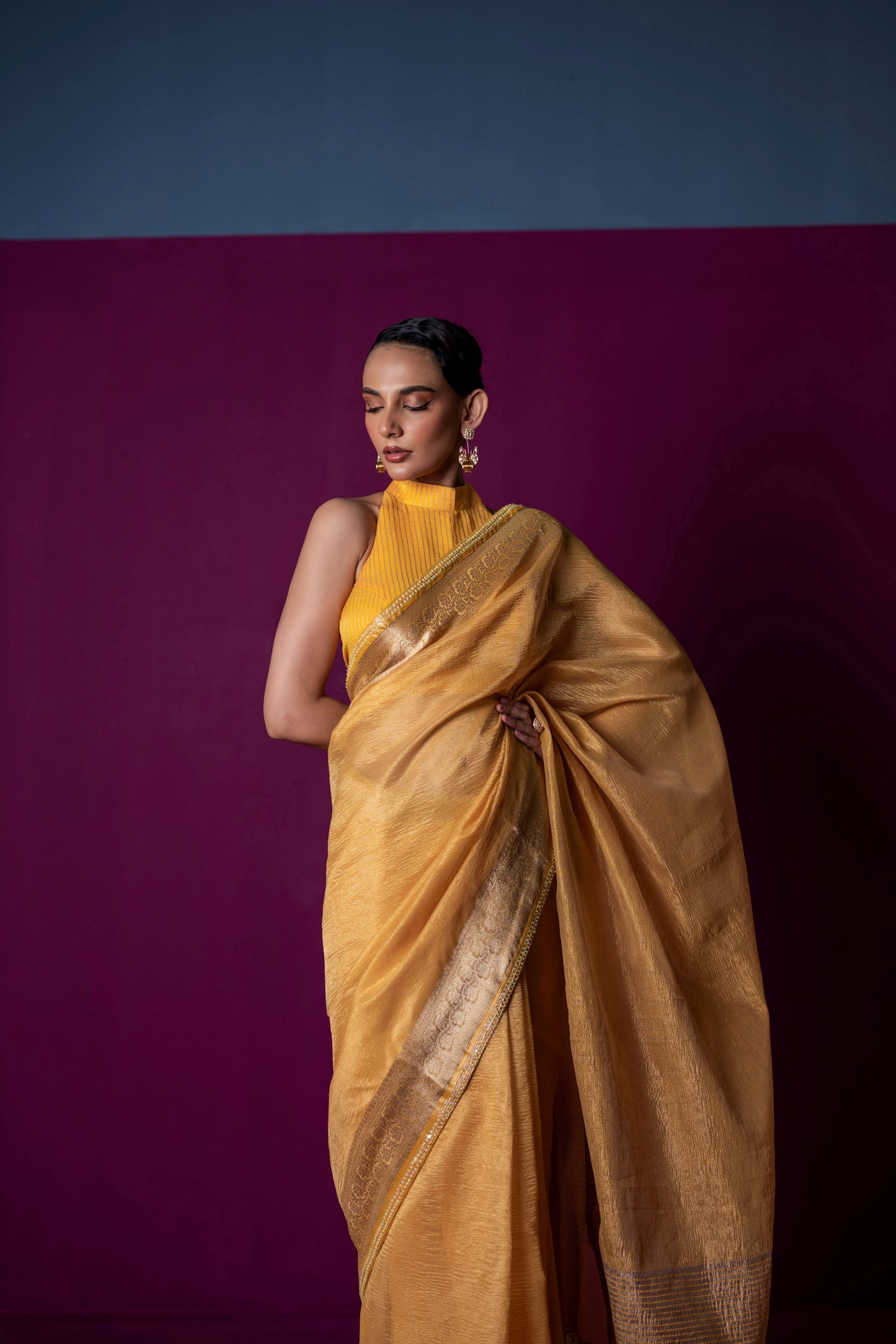 Sunlit Yellow Crushed Tissue Saree with Matching Halter Blouse