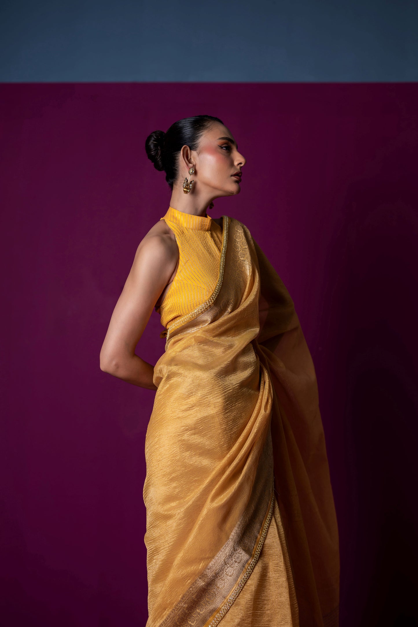 Sunlit Yellow Crushed Tissue Saree with Matching Halter Blouse