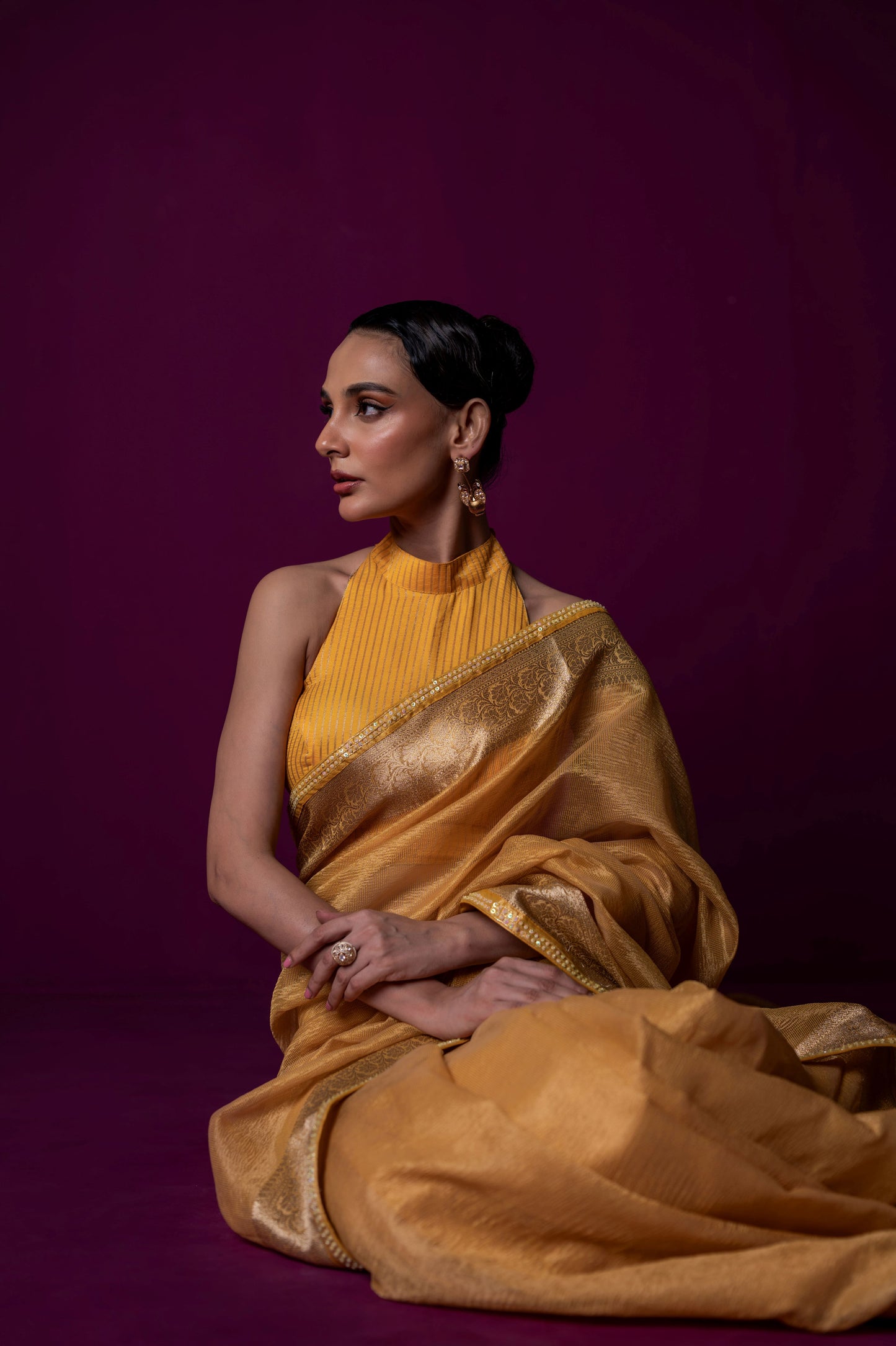Sunlit Yellow Crushed Tissue Saree with Matching Halter Blouse