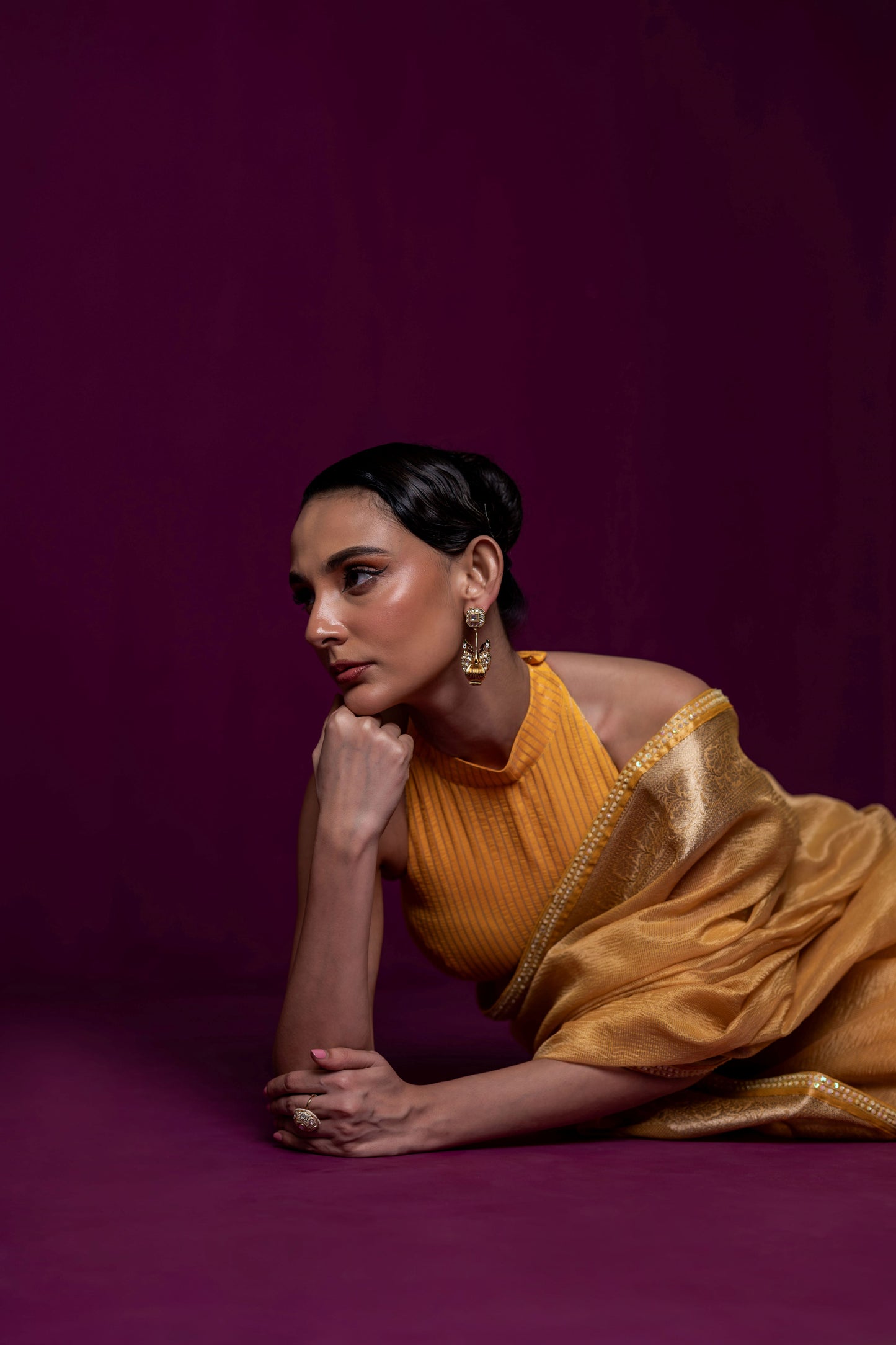 Sunlit Yellow Crushed Tissue Saree with Matching Halter Blouse
