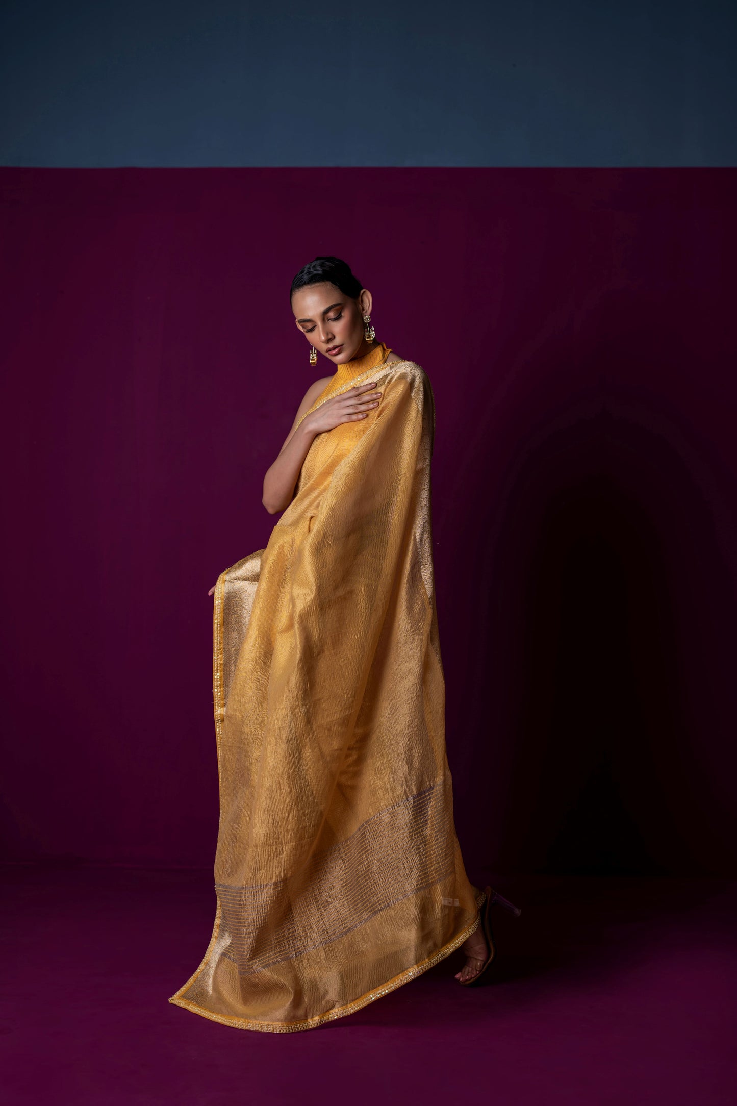 Sunlit Yellow Crushed Tissue Saree with Matching Halter Blouse