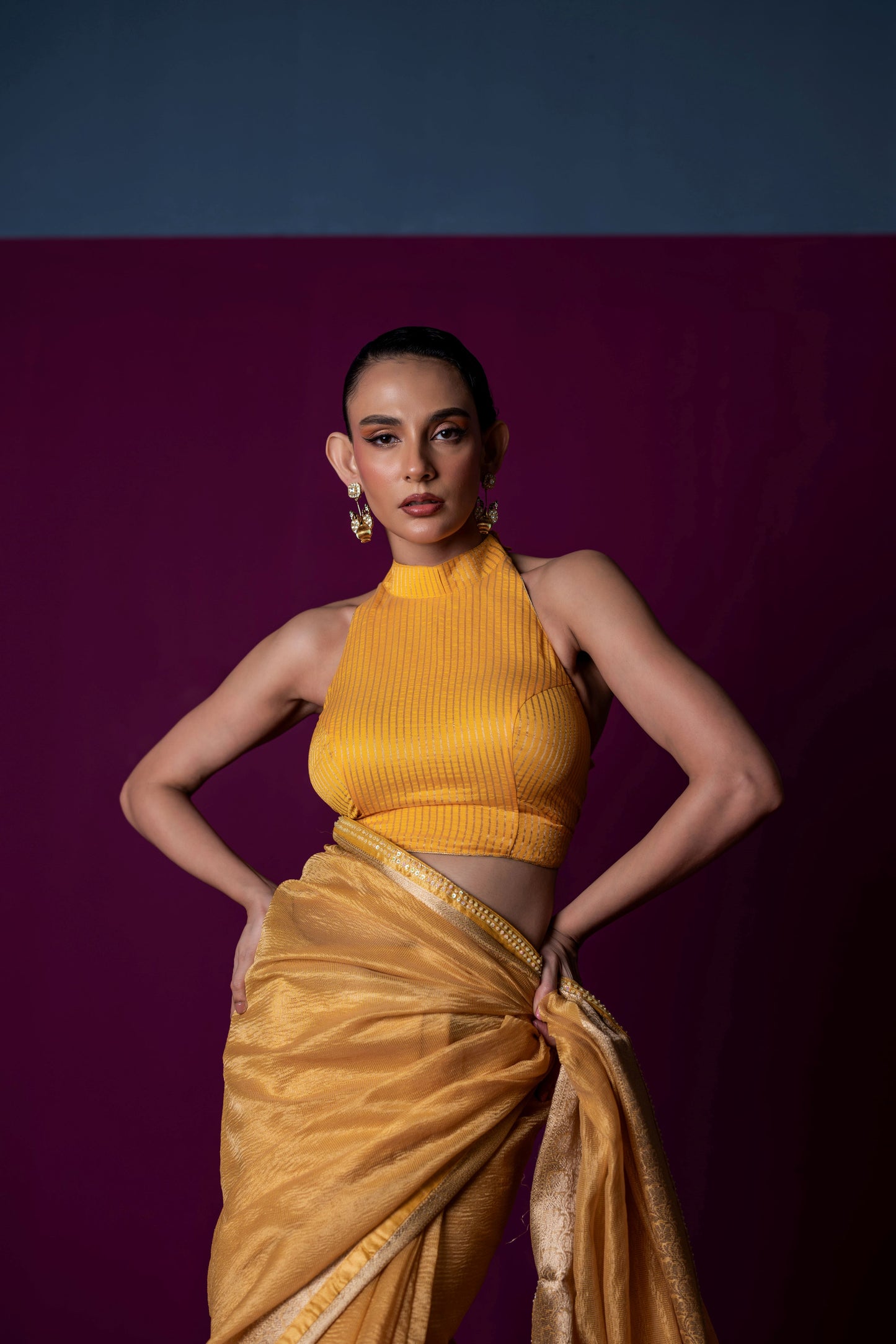 Sunlit Yellow Crushed Tissue Saree with Matching Halter Blouse