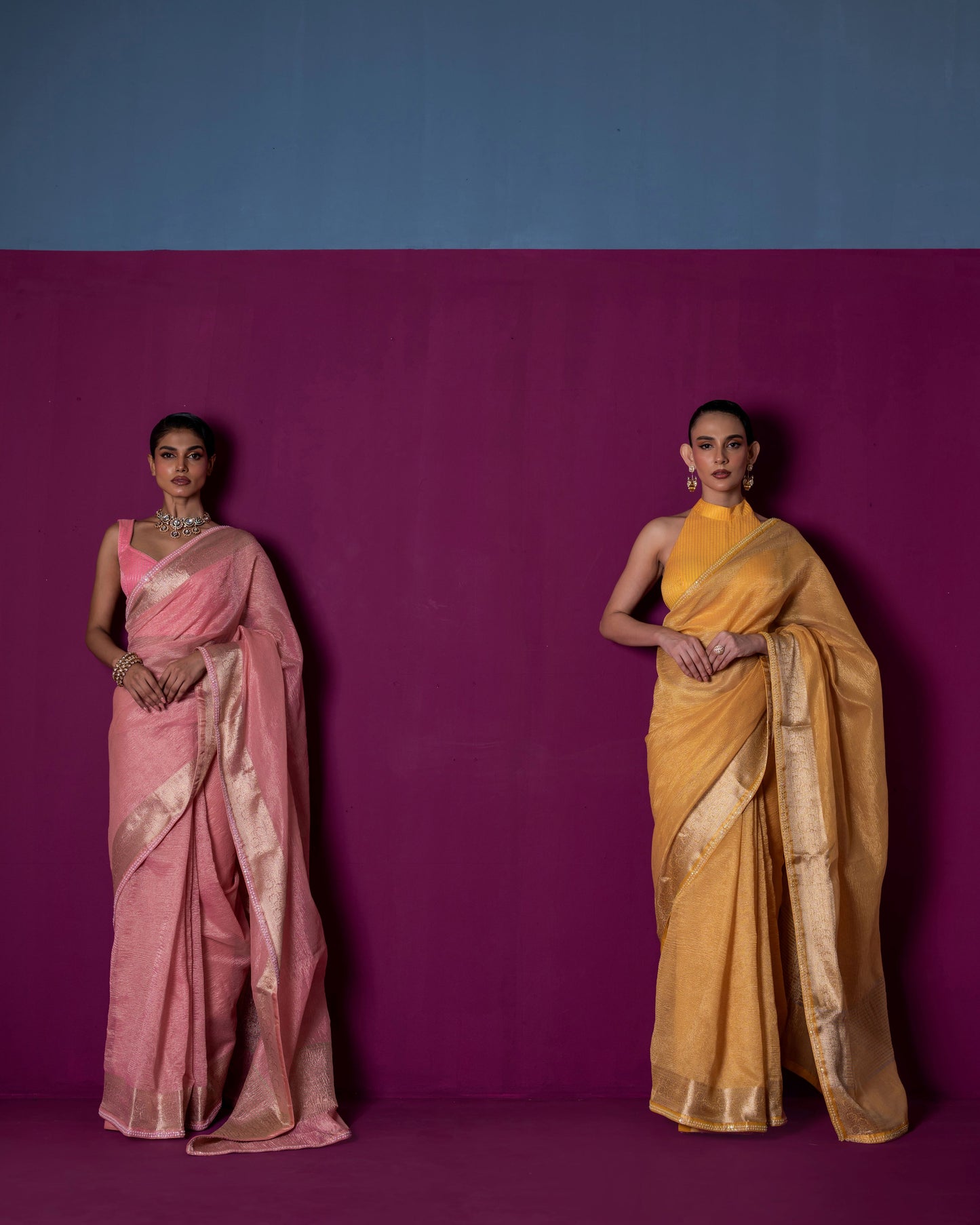 Sunlit Yellow Crushed Tissue Saree with Matching Halter Blouse