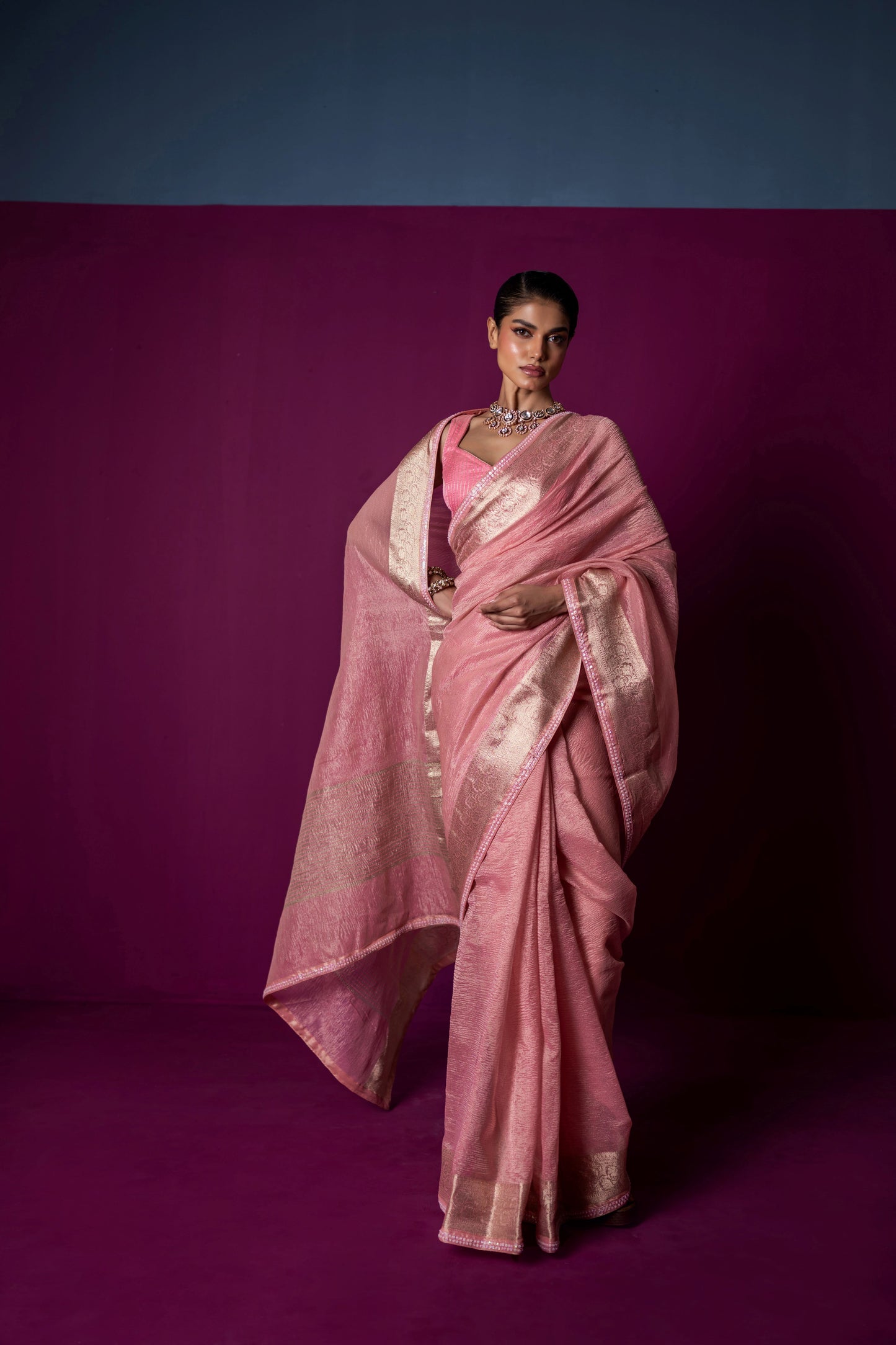 Blush Whisper – Crushed Tissue Saree