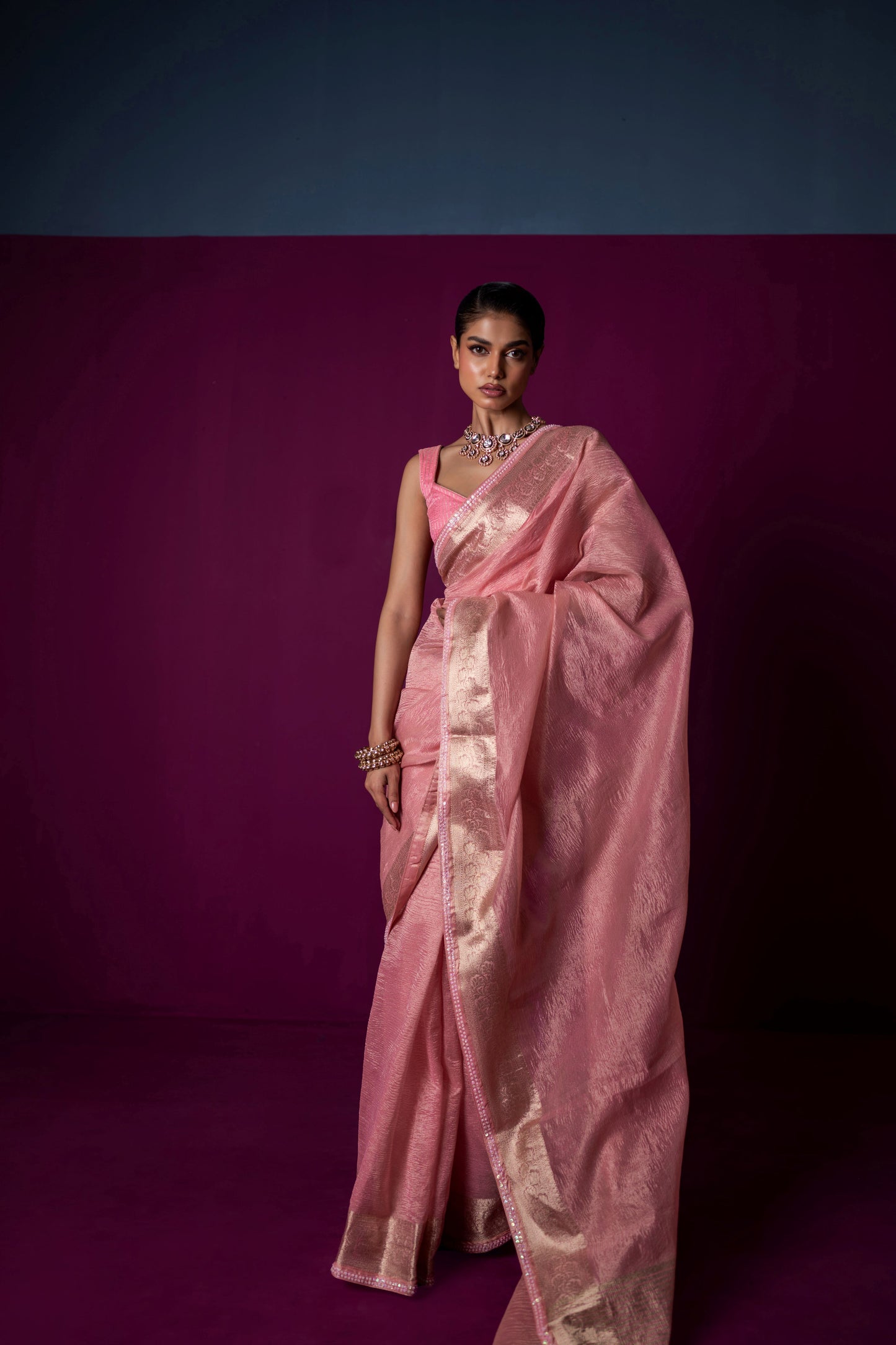 Blush Whisper – Crushed Tissue Saree