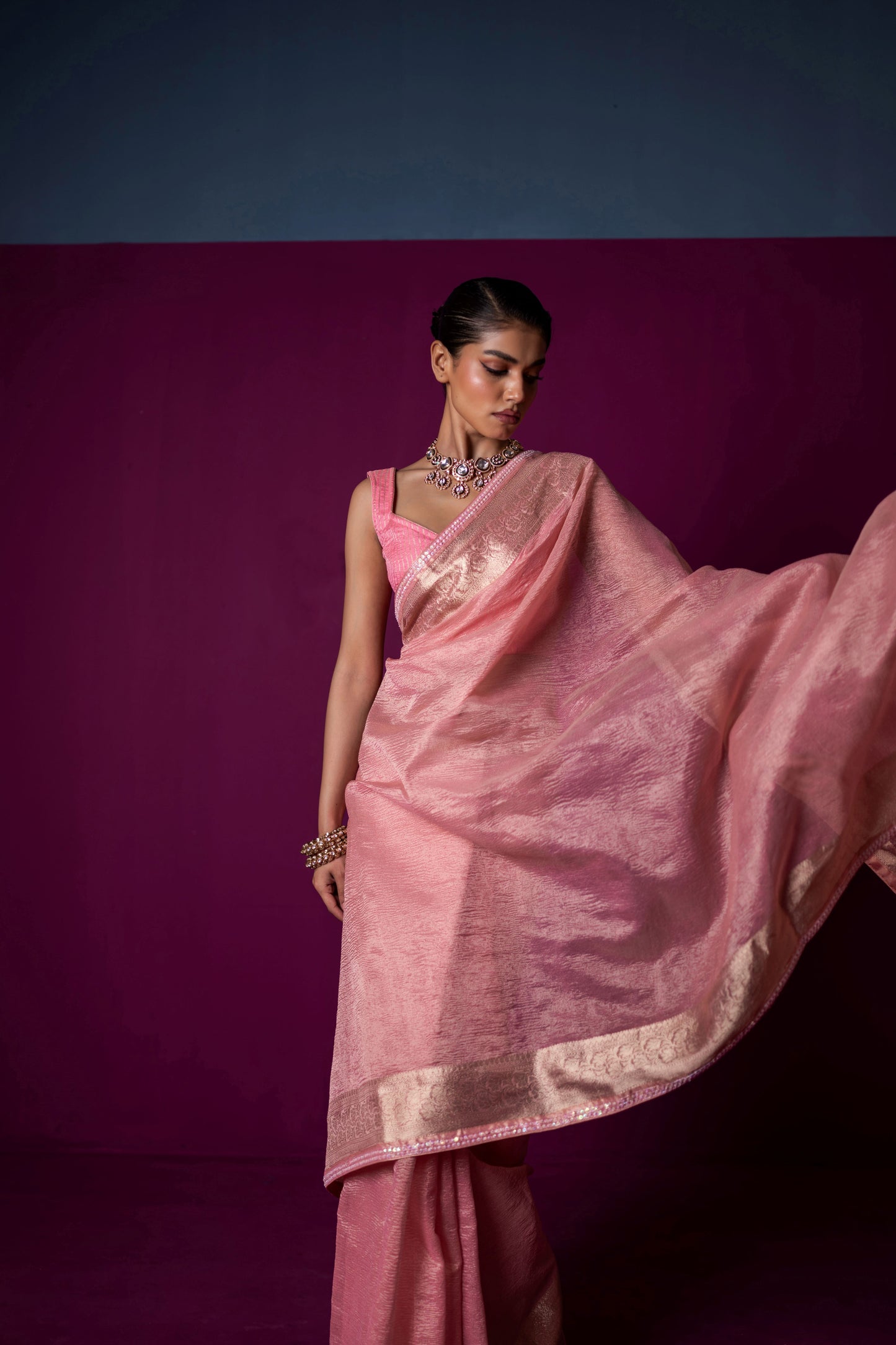 Blush Whisper – Crushed Tissue Saree