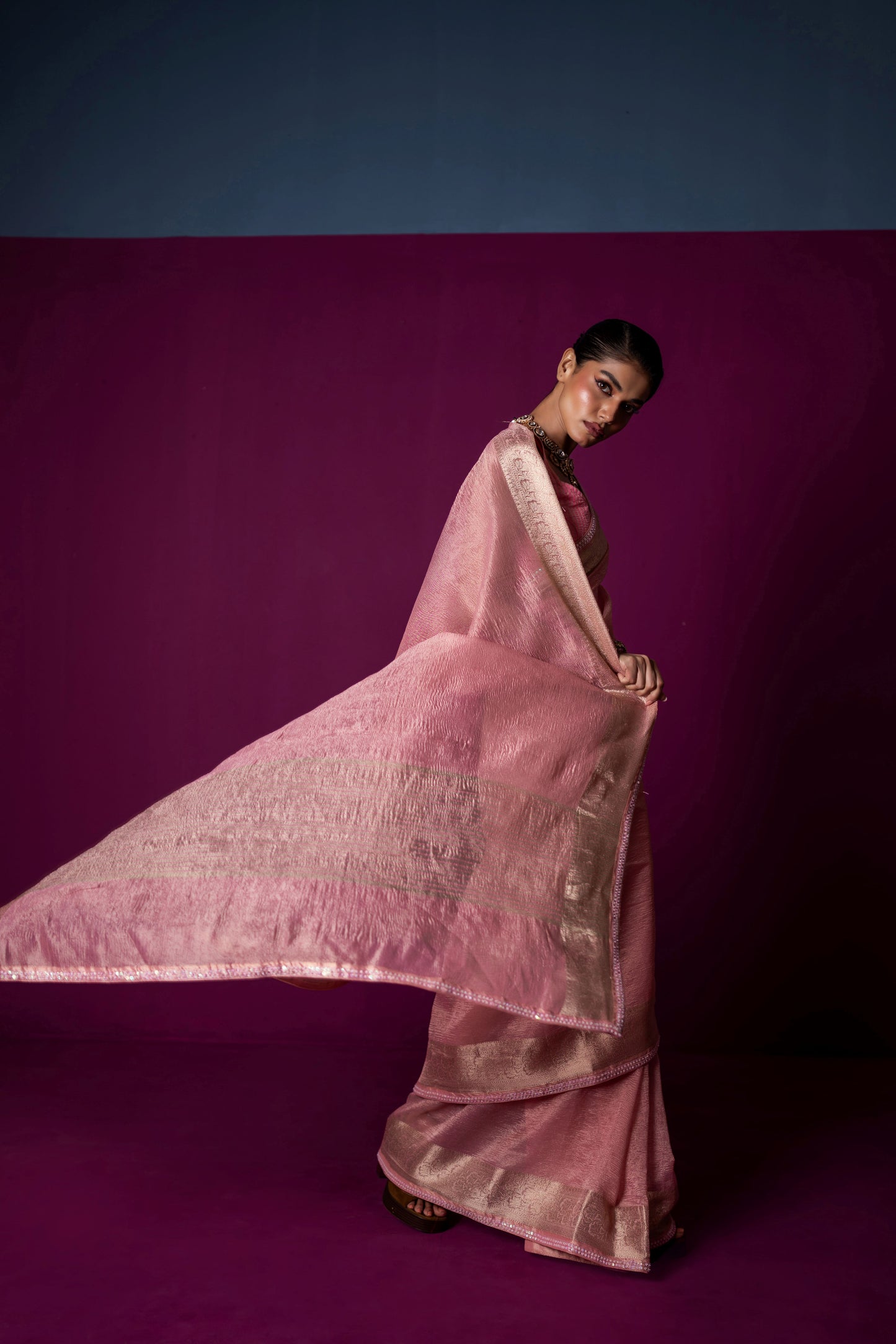 Blush Whisper – Crushed Tissue Saree