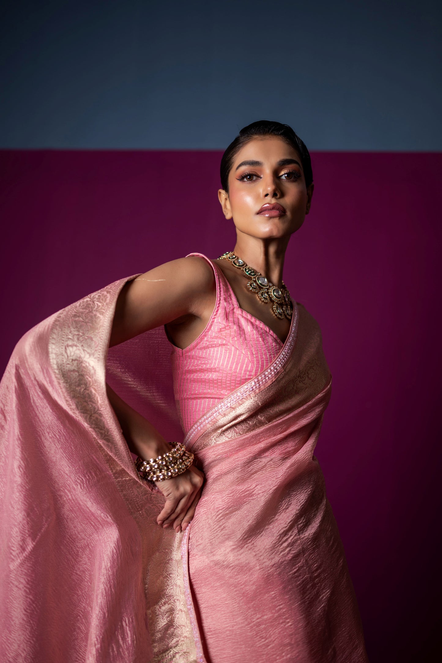 Blush Whisper – Crushed Tissue Saree