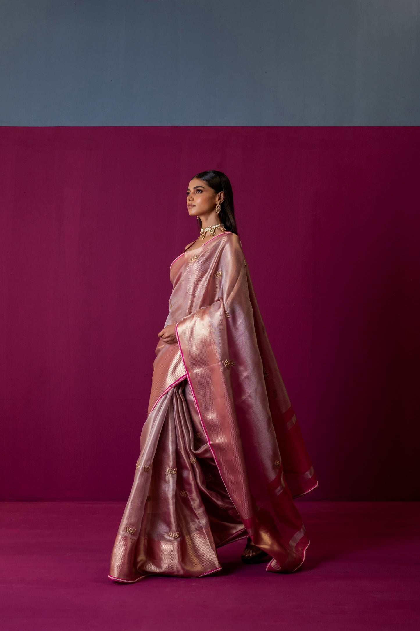 Blush Pink Tissue Silk Saree with Hot Pink Accents