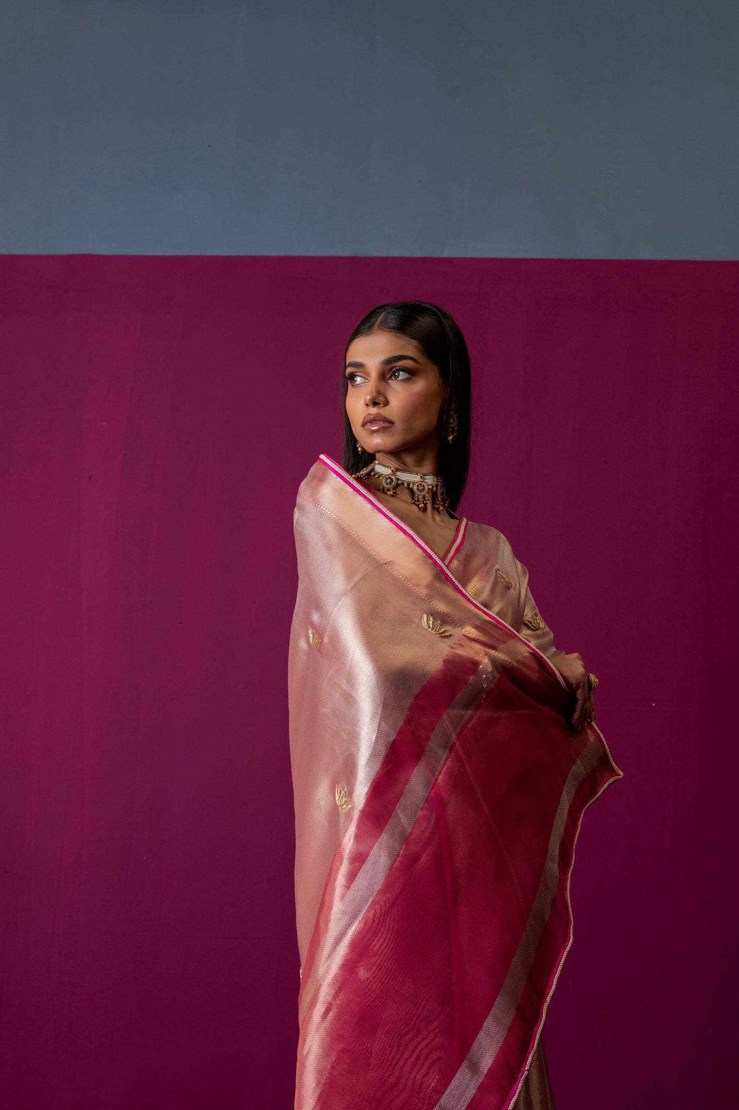 Blush Pink Tissue Silk Saree with Hot Pink Accents
