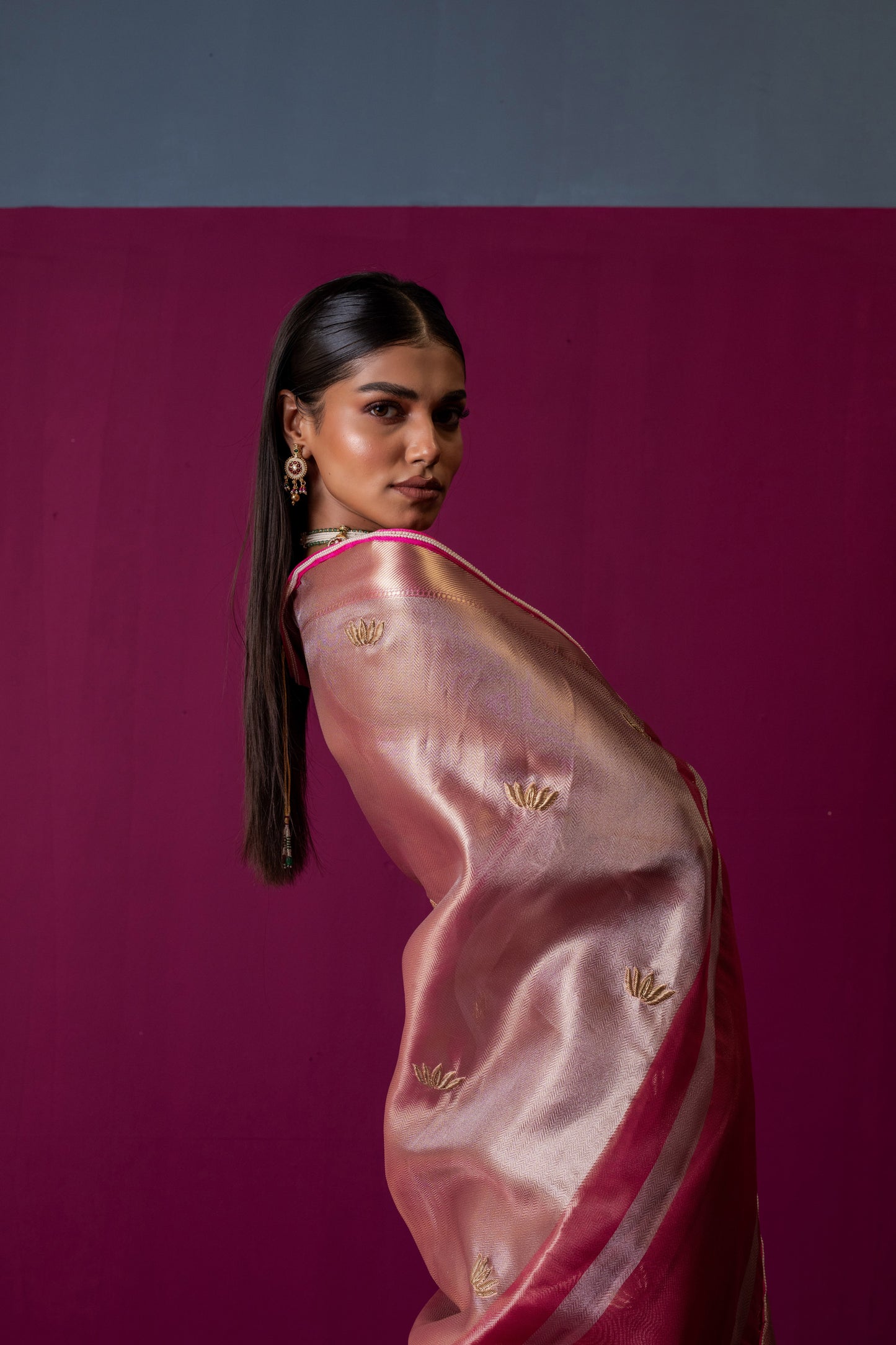 Blush Pink Tissue Silk Saree with Hot Pink Accents