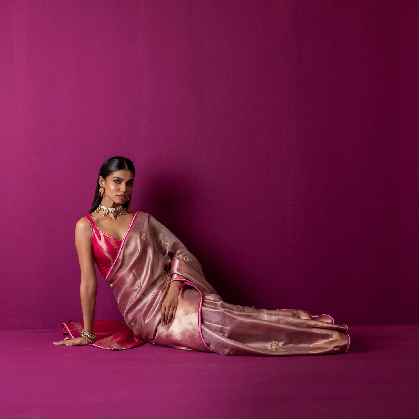 Blush Pink Tissue Silk Saree with Hot Pink Accents