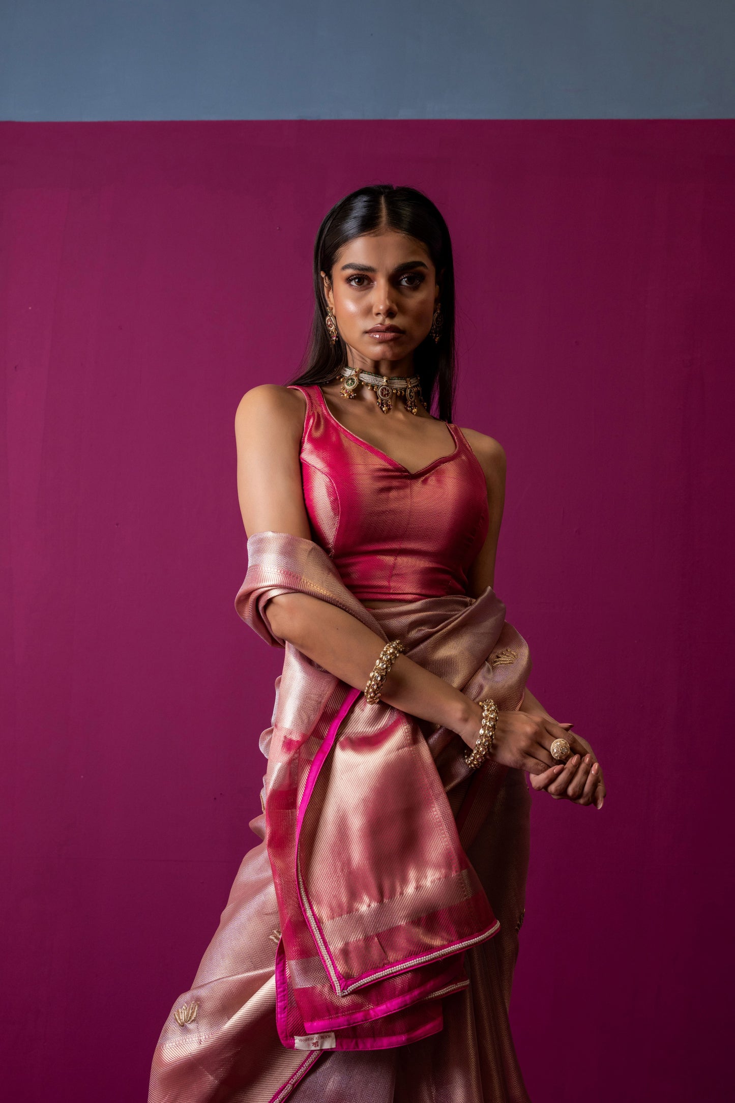 Blush Pink Tissue Silk Saree with Hot Pink Accents