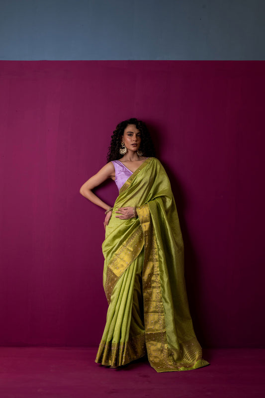 Lime Green Soft Silk Saree with Contrasting Lavender Blouse
