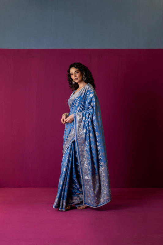 Regal Azure Banarasi Silk Saree with Embroidered Brocade Blouse