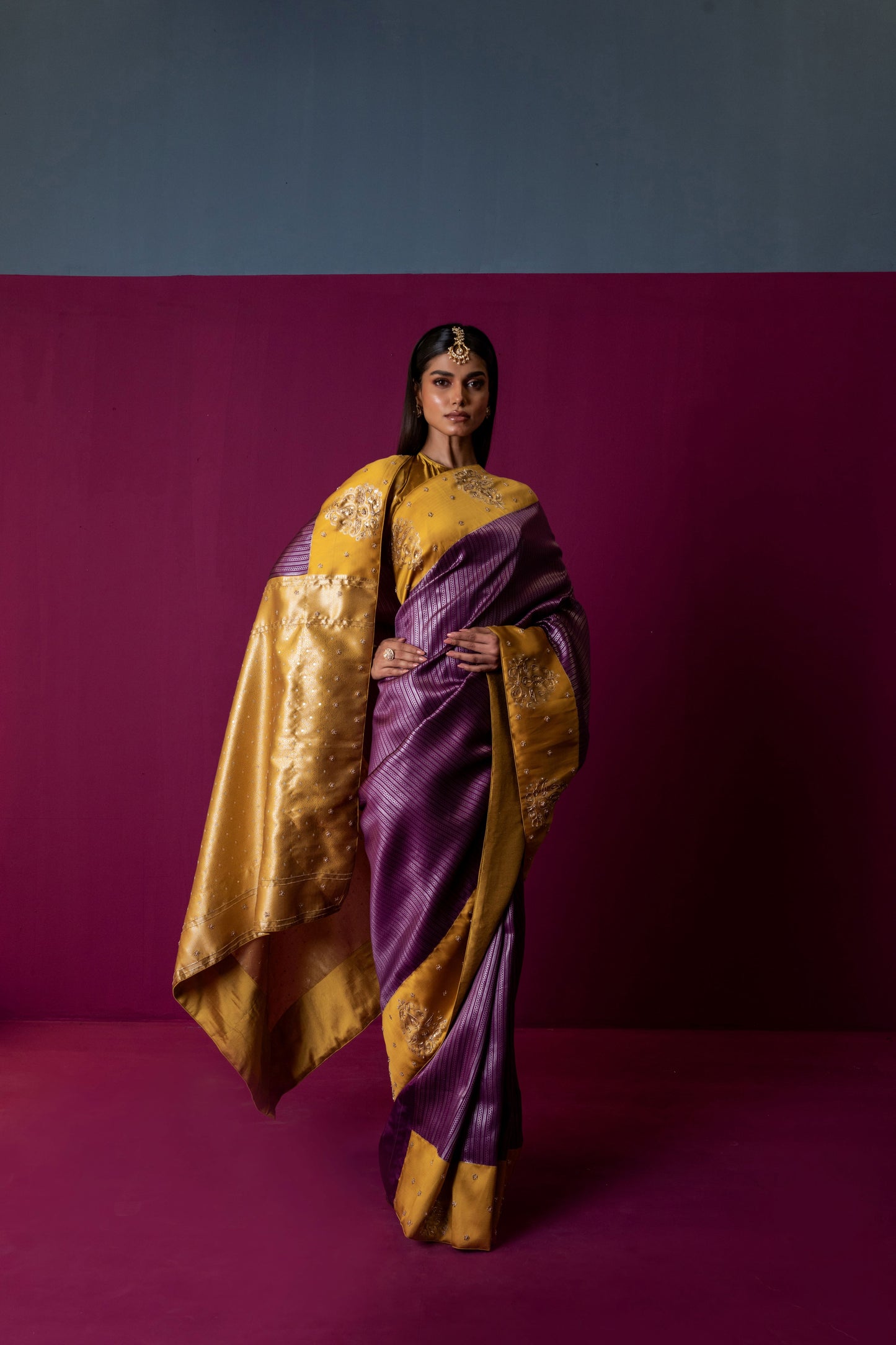 Marigold Gold & Plum Silk Saree