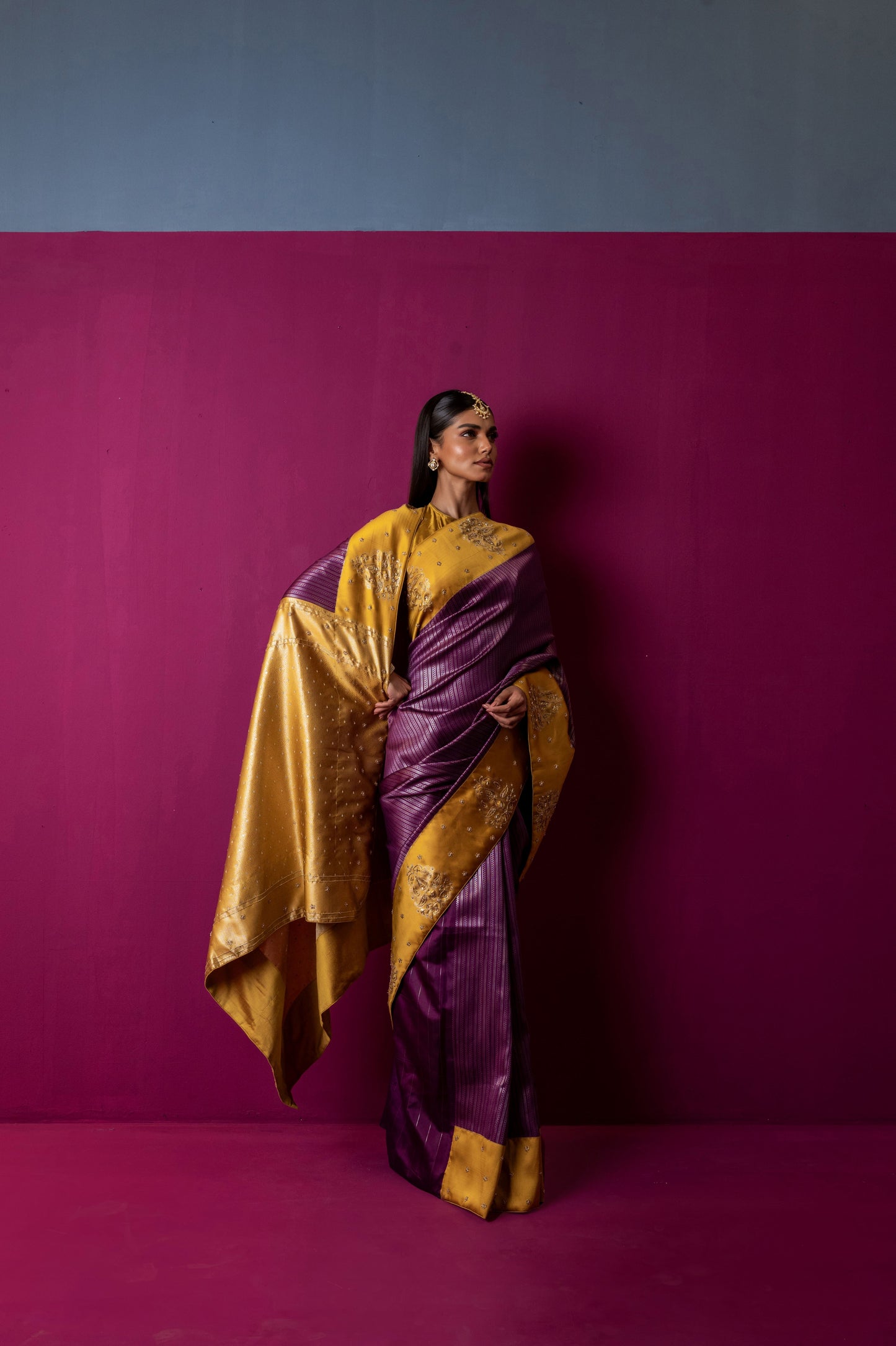 Marigold Gold & Plum Silk Saree