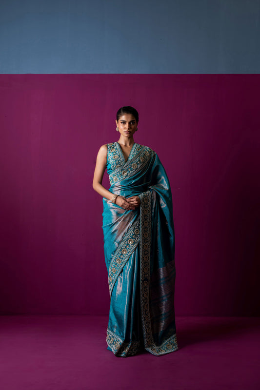 Regal Teal Blue Handcrafted Saree with Embellished Blouse