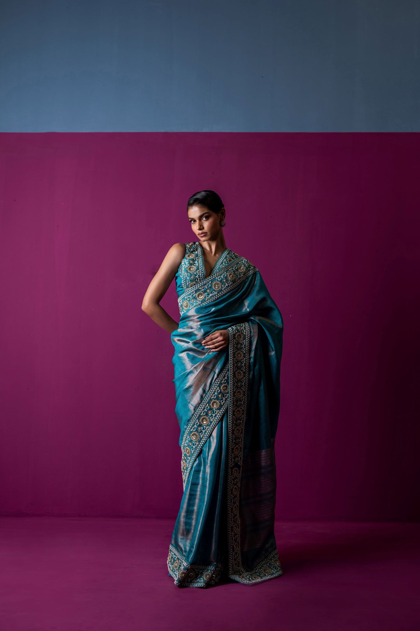 Regal Teal Blue Handcrafted Saree with Embellished Blouse