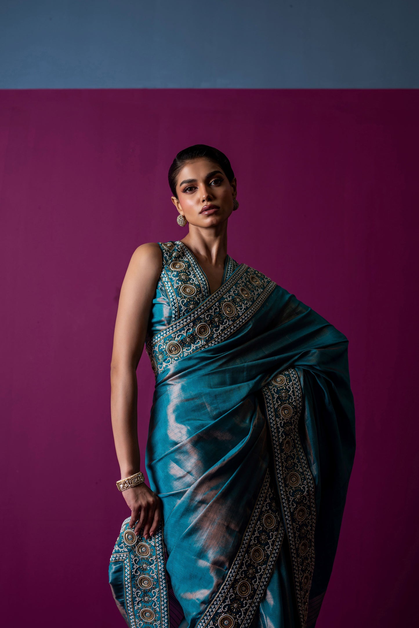 Regal Teal Blue Handcrafted Saree with Embellished Blouse