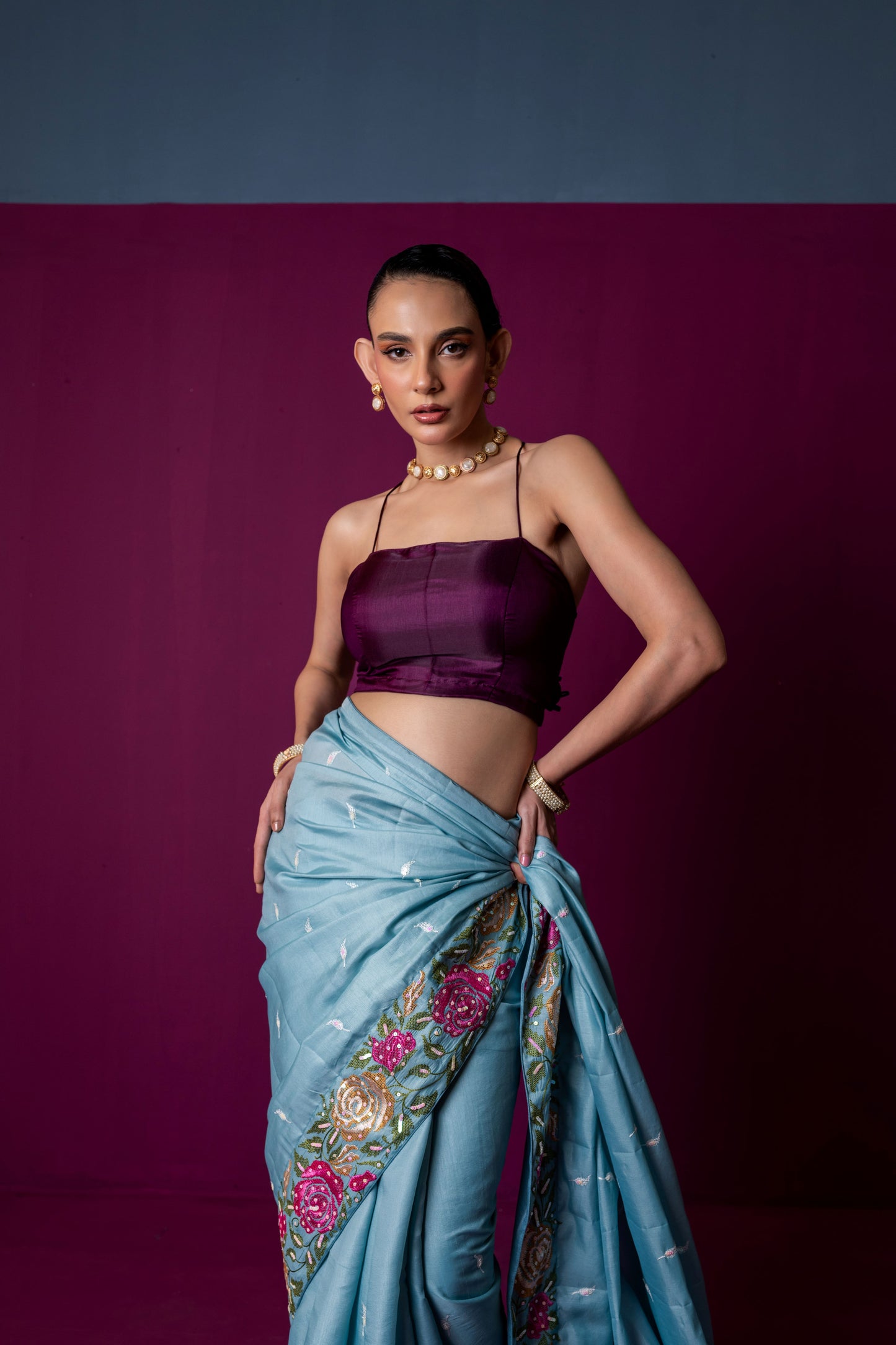 Icy Blue Elegance – Embroidered Silk Saree with Floral Detailing