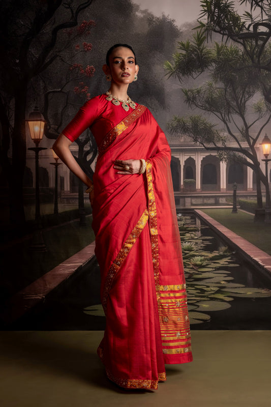 Radiant Red Banarasi Dupion Silk Saree with Zari Accents