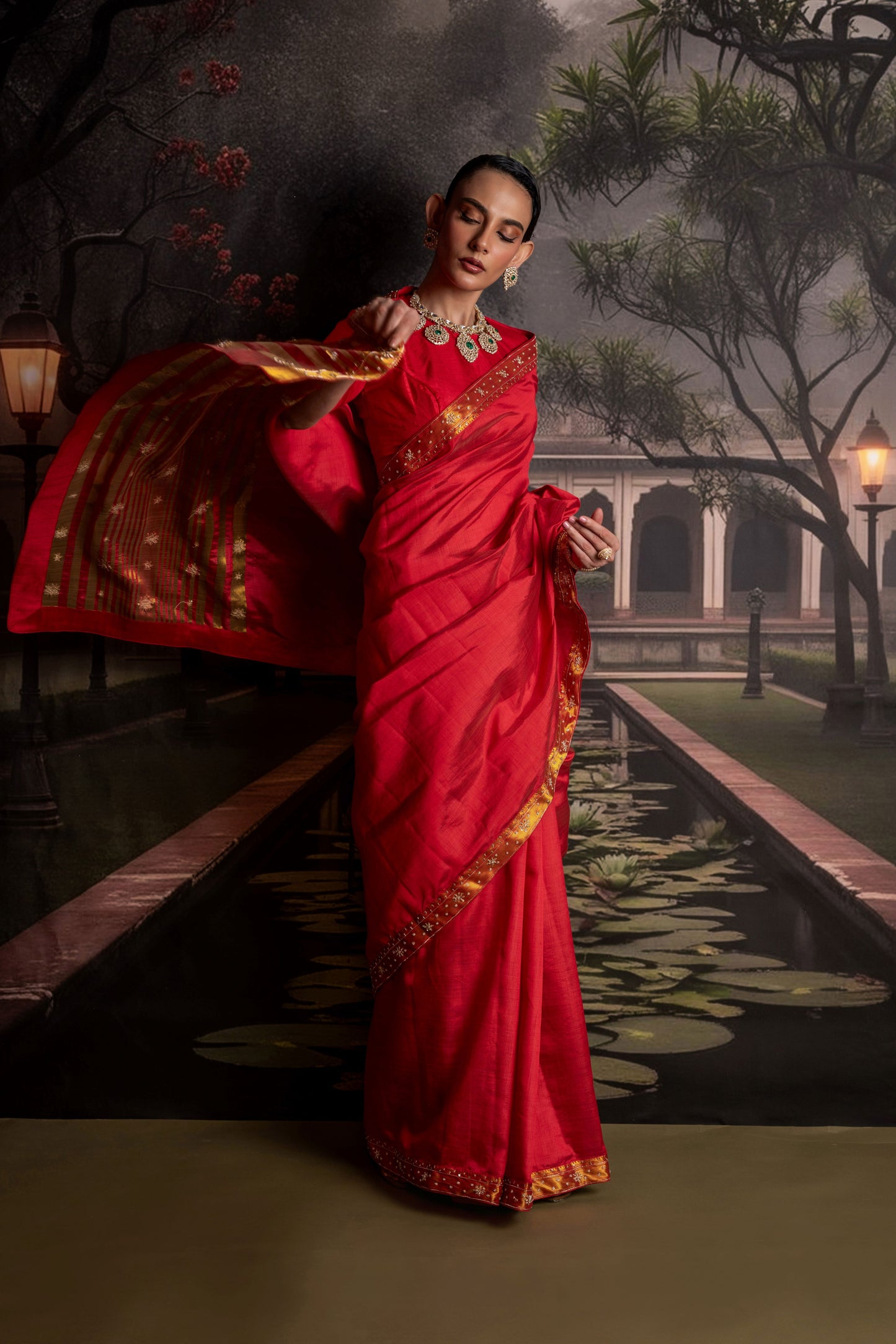 Radiant Red Banarasi Dupion Silk Saree with Zari Accents