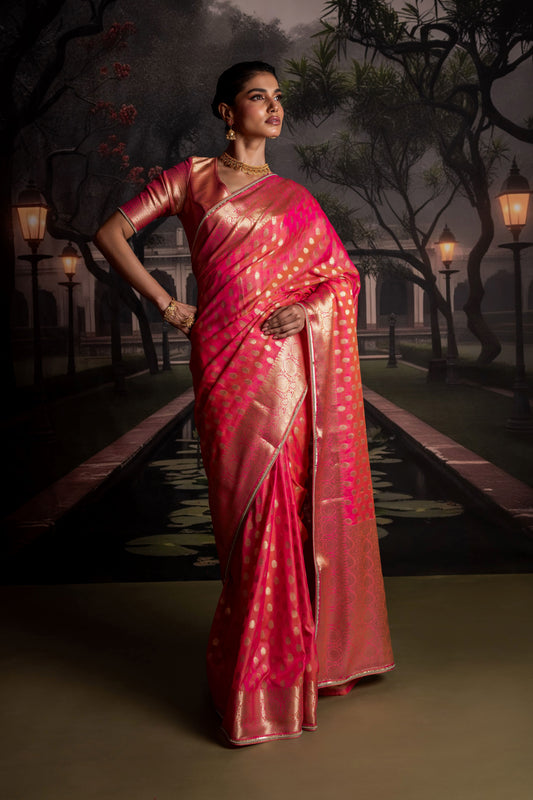 Rani Pink Organza Silk Saree with Antique Zari
