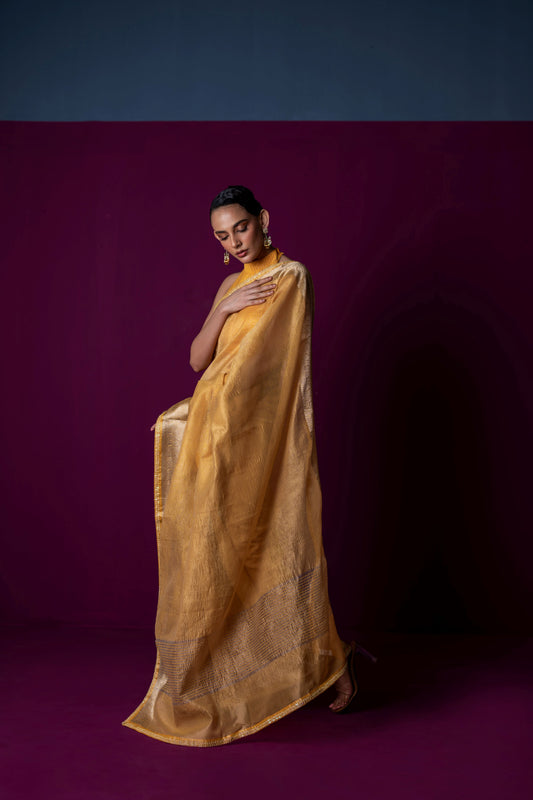 Sunlit Yellow Crushed Tissue Saree with Matching Halter Blouse