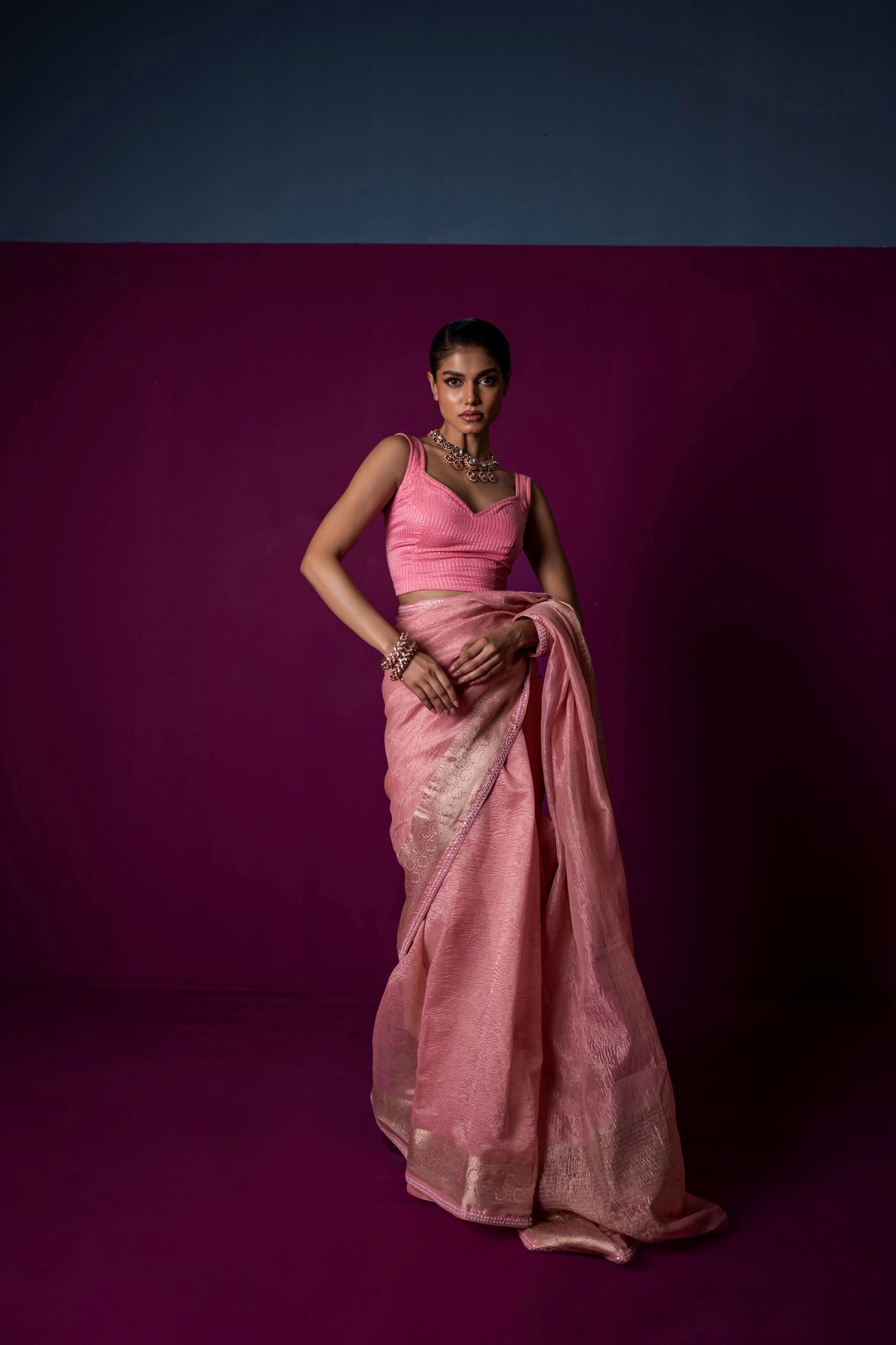 Blush Whisper – Crushed Tissue Saree